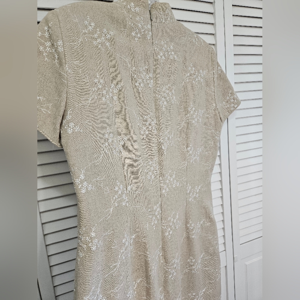 Elegant Tan Midi Dress with Floral Accents - Picture 10 of 12